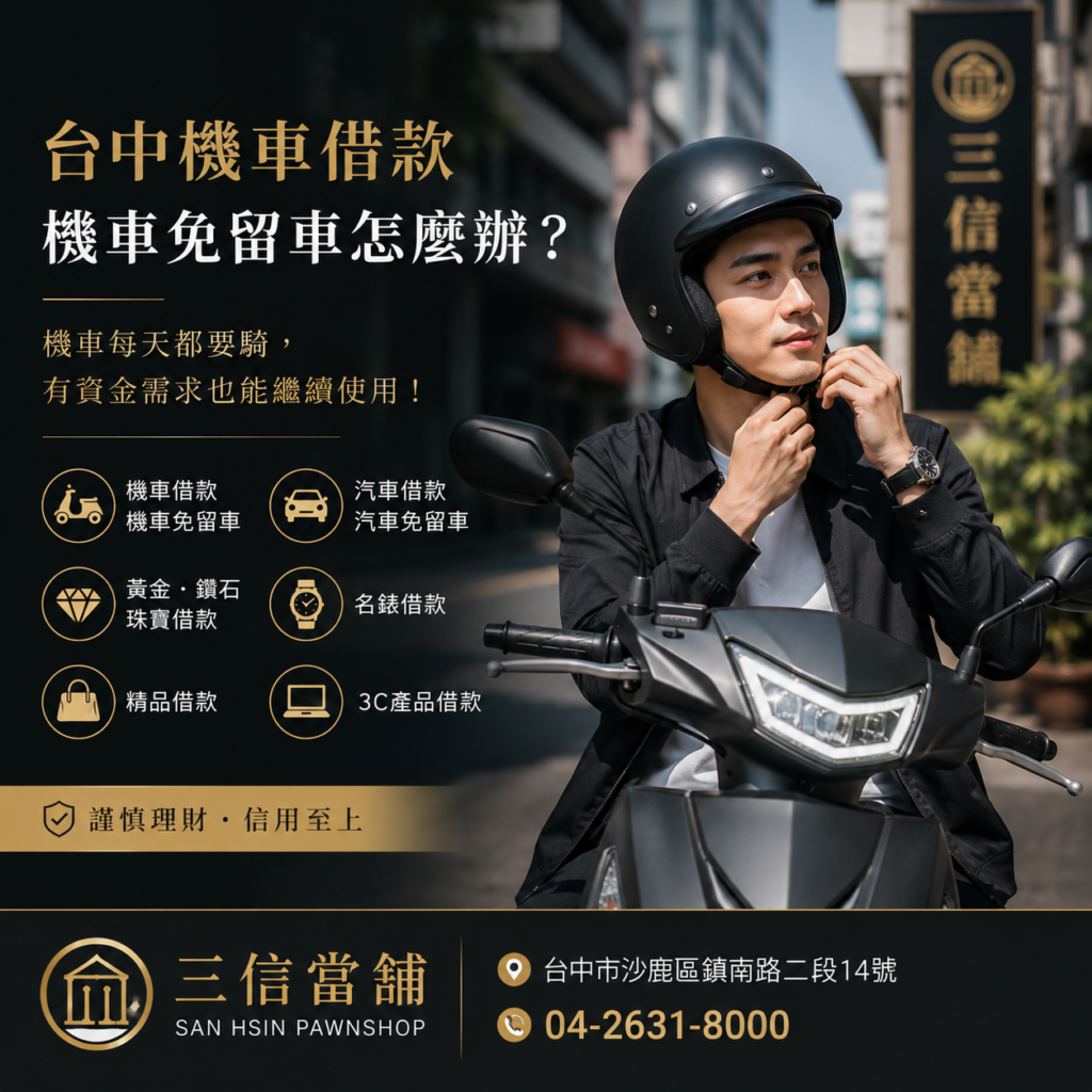 台中機車借款怎麼辦理？機車需要繼續通勤、工作卻又有資金需求，可以了解機車借款與免留車方式，三信當舖提供台中海線地區服務。