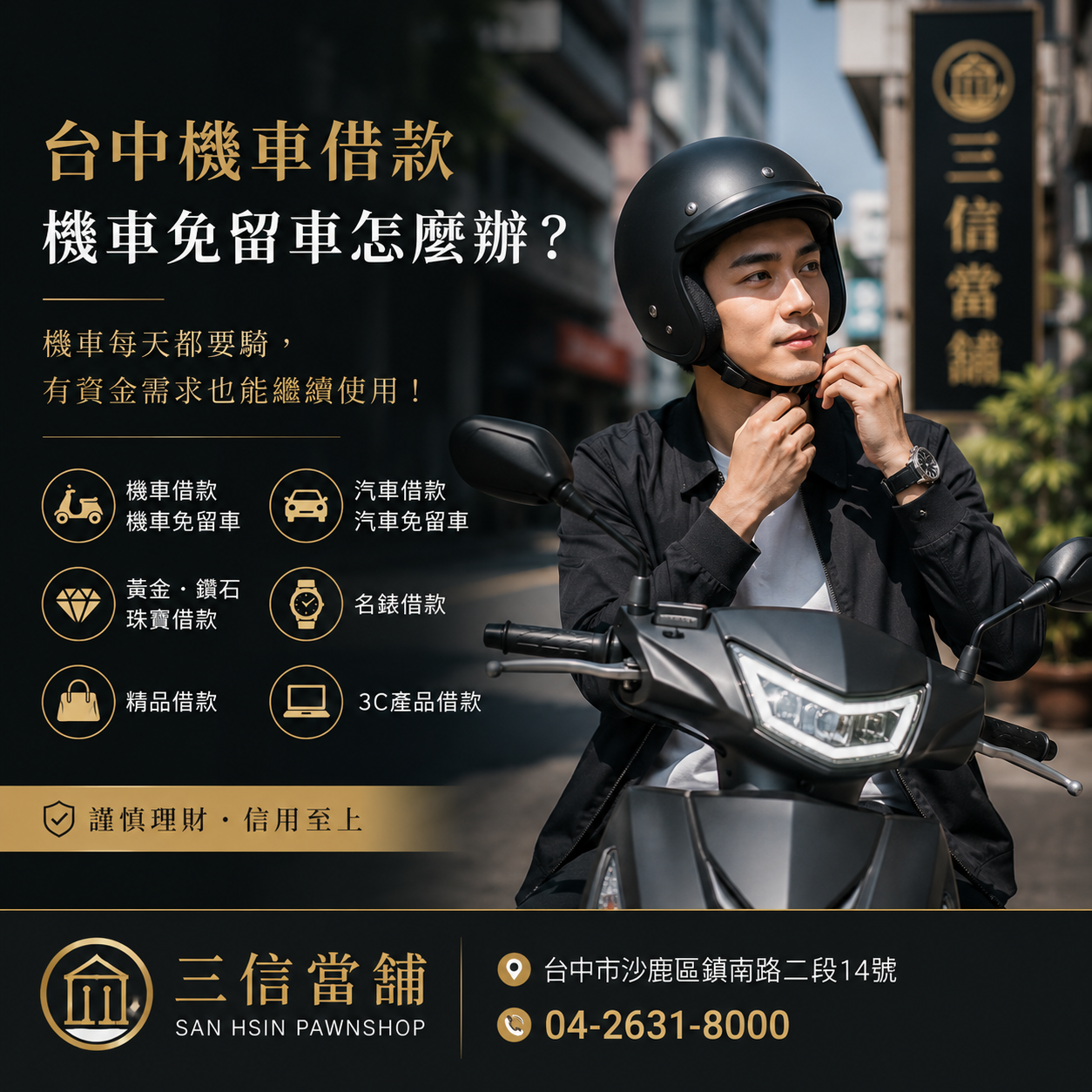 台中機車借款怎麼辦理?機車需要繼續通勤、工作卻又有資金需求,可以了解機車借款與免留車方式,三信當舖提供台中海線地區服務。